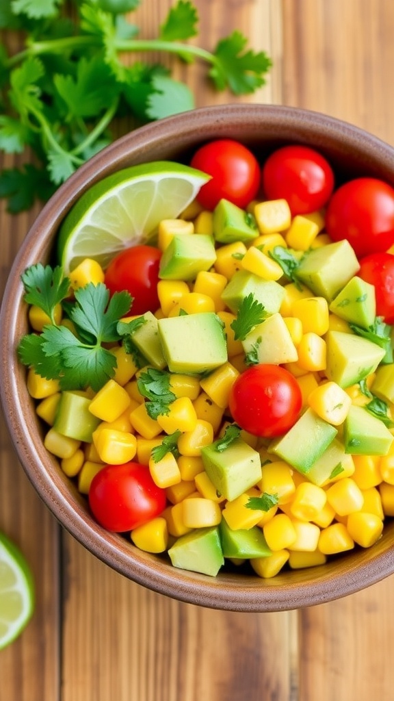 Fresh Corn and Avocado Salad Recipe A vibrant corn and avocado salad with corn, avocado, tomatoes, and cilantro in a rustic bowl on a wooden table.
